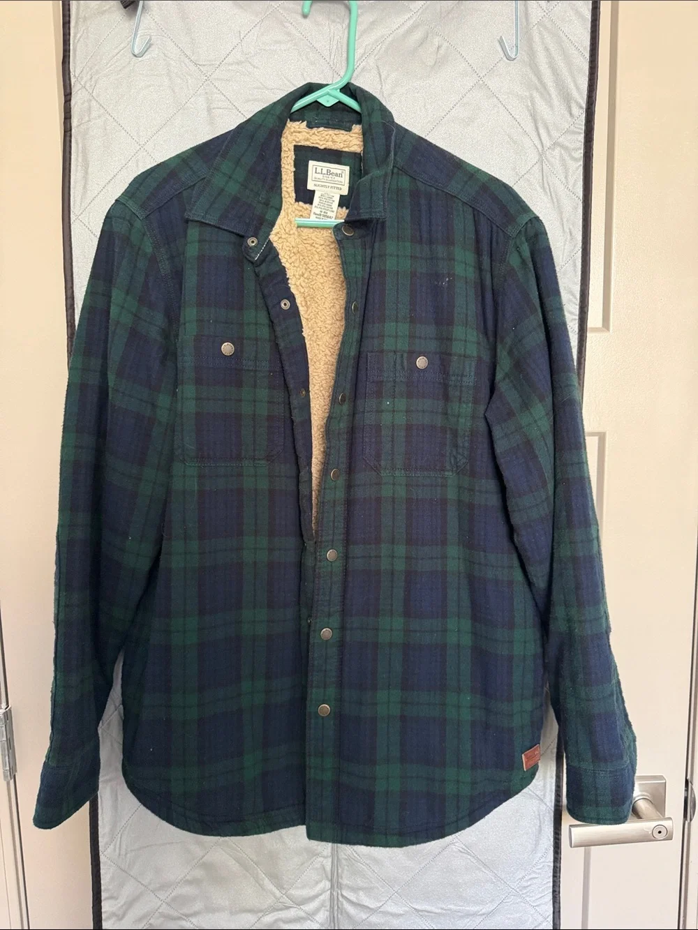 L.L. Bean Green & Navy Plaid Sherpa-Lined Shirt Jacket
